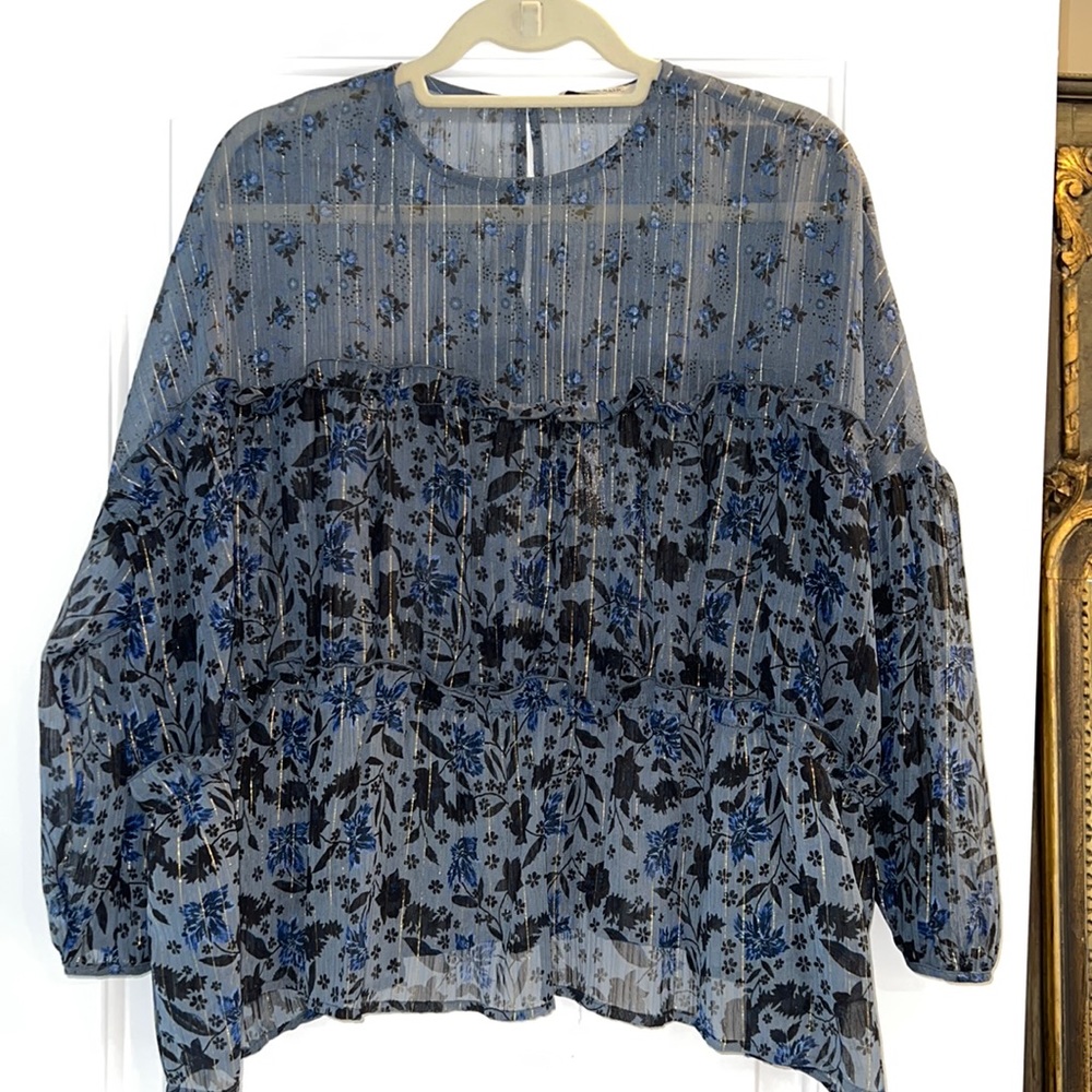 Zara Blue Floral Blouse with Gold Subtle Stripes